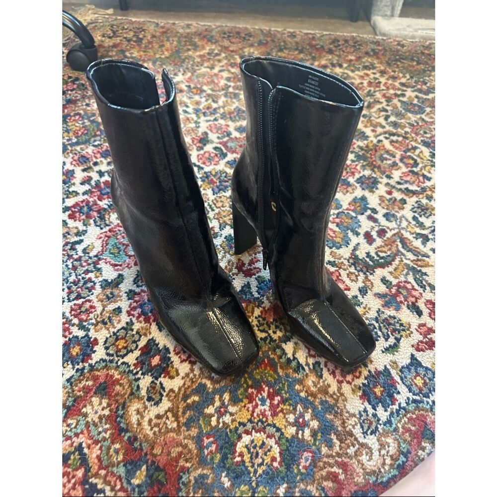 Mix No. 6 Black Patent Square-Toe Block Heel Boots